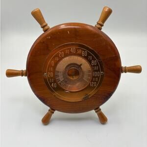 Vintage Cooper Nautical Ship's Wheel Thermometer Wood Brass